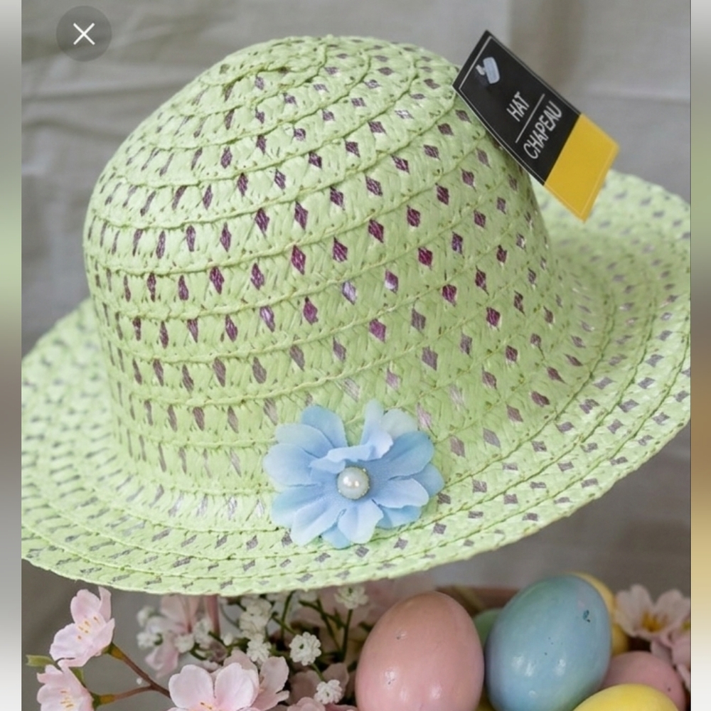 Kids Green Straw Hat with Blue Flower, Easter Wear